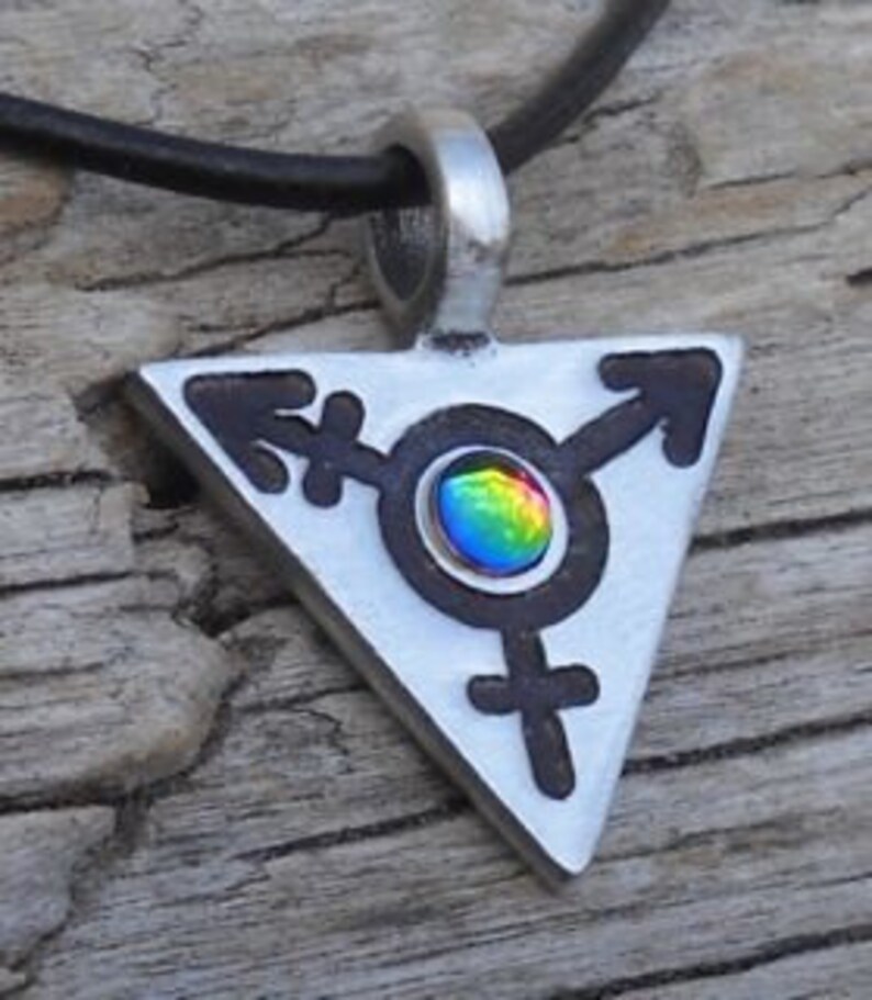 Pewter Transgender LGBT Gay Pride Triangle Pendant with RAINBOW Austrian Crystal 306 image 2