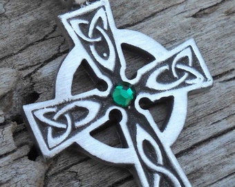 Pewter Celtic Cross Irish Wales Pendant with Swarovski Crystal Emerald Green MAY Birthstone (300)