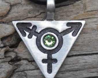 Pewter Transgender LGBT Gay Pride Triangle Pendant with Swarovski Crystal Peridot AUGUST Birthstone (306)