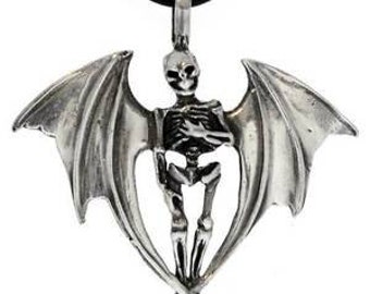 Pewter Skeleton with Bat Wings Gothic Halloween Pendant (24A)