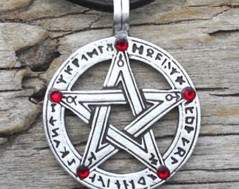 Pewter Pentagram Swarovski Crystal Pendant, Pagan Wiccan Pentacle with Runes and Red Garnet JANUARY Birthstone (50G)