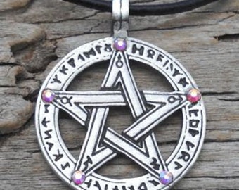 Pewter Pentagram Swarovski Crystal Pendant, Pagan Wiccan Pentacle with Runes and Aurora Borealis APRIL Birthstone (50G)