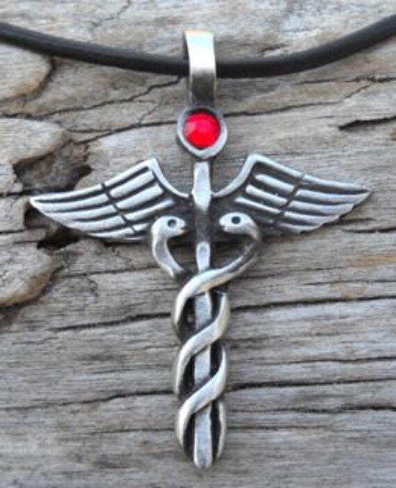Pewter CADUCEUS Medical DR RN Nurse TANZANITE Crystal JUNE Birthstone Pendant