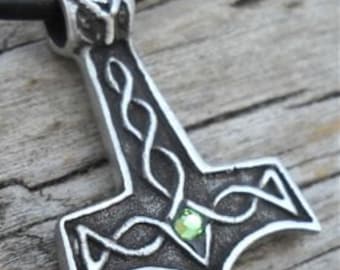 Pewter Thor's Hammer Mjolnir Norse Viking Pendant with Swarovski Crystal Peridot AUGUST Birthstone (39K)