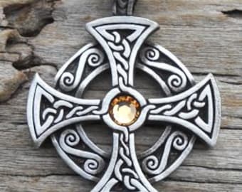 Pewter SOLAR CROSS Swarovski Crystal Celtic Druid Irish Gold Topaz NOVEMBER Birthstone Pendant