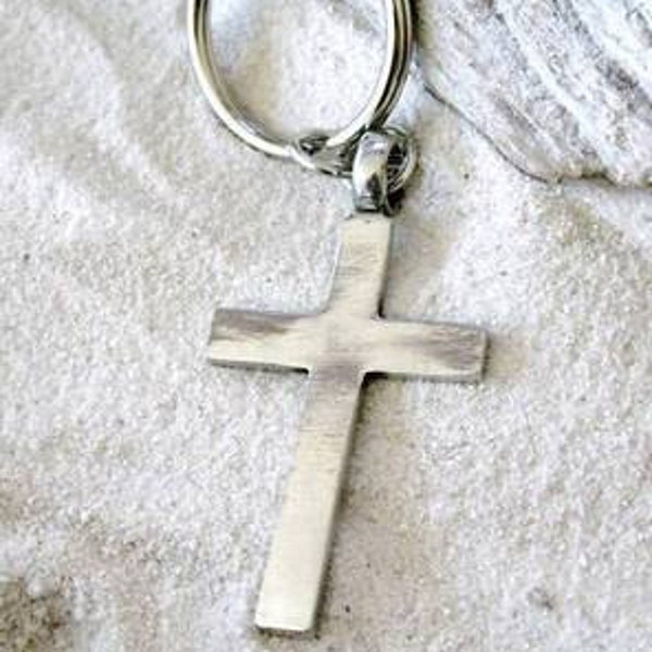 Pewter Cross Christian Shiny Silver Keychain Key Ring (316-KC)