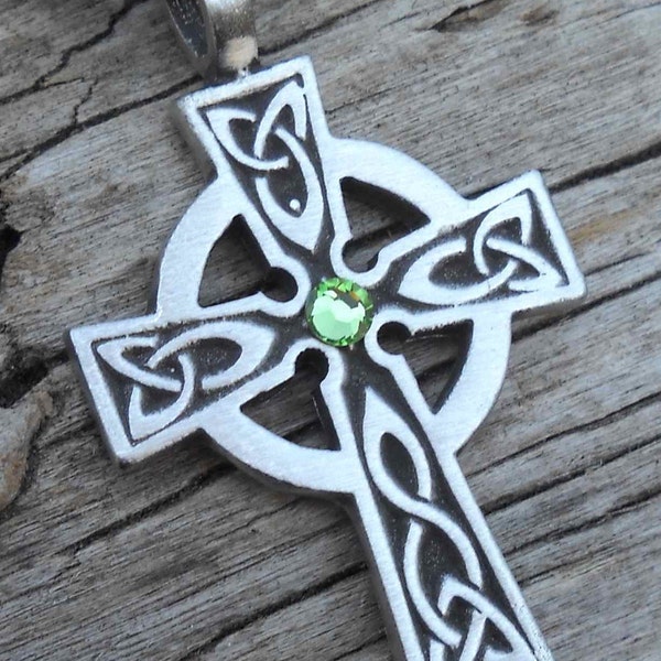 Pewter Celtic Cross Irish Wales Pendant with Swarovski Crystal Peridot AUGUST Birthstone (300)