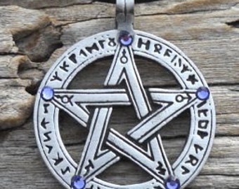 Pewter Pentagram Swarovski Crystal Pendant, Pagan Wiccan Pentacle with Runes and Lavender Tanzanite JUNE Birthstone (50G)