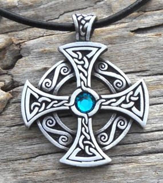PEWTER Celtic SOLAR CROSS Druid SAPPHIRE Crystal SEPTEMBER Birthstone Pendant