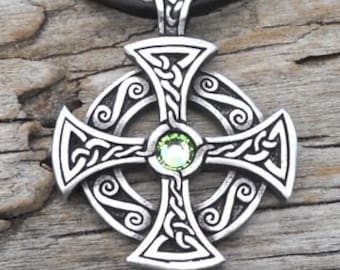 Pewter SOLAR CROSS Swarovski Crystal Celtic Druid Irish Peridot AUGUST Birthstone Pendant