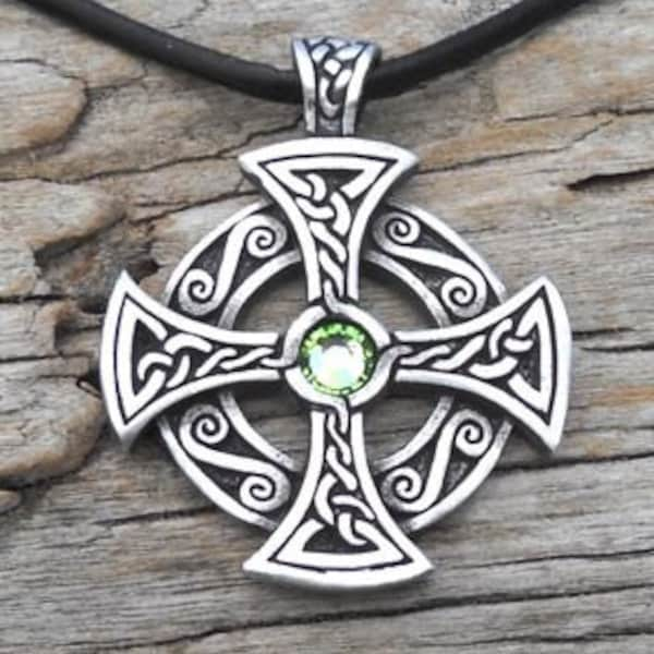 Pewter SOLAR CROSS Swarovski Crystal Celtic Druid Irish Peridot AUGUST Birthstone Pendant