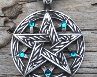 Pewter Double Pentagram Celtic Pagan Pentacle Pendant with Swarovski Crystal Blue Topaz DECEMBER Birthstone (56I)