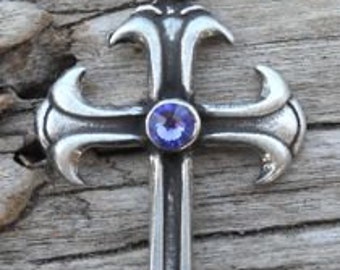 Pewter Cross Christian Gothic Pendant with Swarovski Crystal Lavender Tanzanite JUNE Birthstone (302)