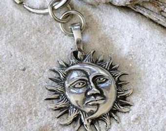 Pewter Sun Moon Face Lunar Solar Celestial Pagan Keychain Key Ring (21E)