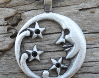 Pewter Moon Face and Stars Lunar Celestial Pagan Pendant with BLACK Onyx Swarovski Crystal (39E)