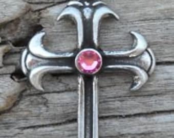 Pewter Cross Christian Gothic Pendant with Swarovski Crystal Pink Tourmaline OCTOBER Birthstone (302)