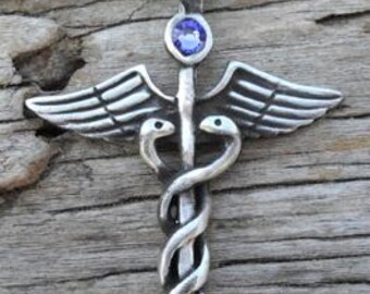 Pewter Caduceus Medical Nurse RN DR Snake Rod Pendant with Swarovski Crystal Lavender Tanzanite JUNE Birthstone (35A)