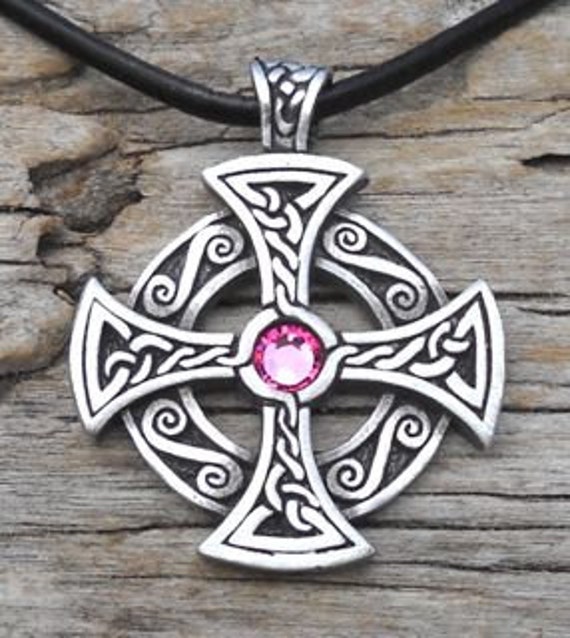 PEWTER Celtic SOLAR CROSS Druid SAPPHIRE Crystal SEPTEMBER Birthstone Pendant