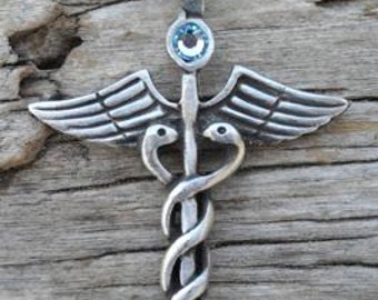 Pewter Caduceus Medical Nurse RN DR Snake Rod Pendant with Swarovski Crystal Aquamarine MARCH Birthstone (35A)