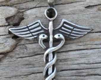Pewter Caduceus Medical Nurse RN DR Snake Rod Pendant with Black Onyx Swarovski Crystal (35A)