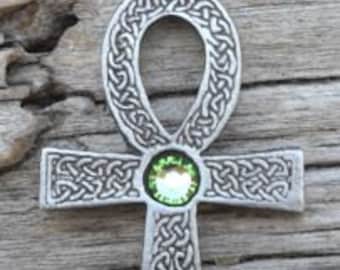 Pewter Ankh Egyptian Cross with Celtic Knots Pendant with Swarovski Crystal Peridot AUGUST Birthstone (31G)