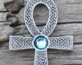 Pewter Ankh Egyptian Cross with Celtic Knots Pendant with Swarovski Crystal Aquamarine Blue MARCH Birthstone (31G)