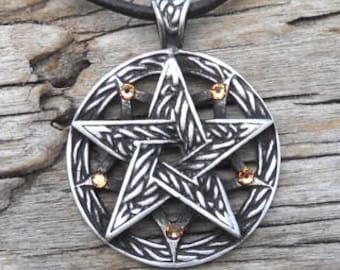 Pewter Double Pentagram Celtic Pagan Pentacle Pendant with Swarovski Crystal Gold Topaz NOVEMBER Birthstone (56I)