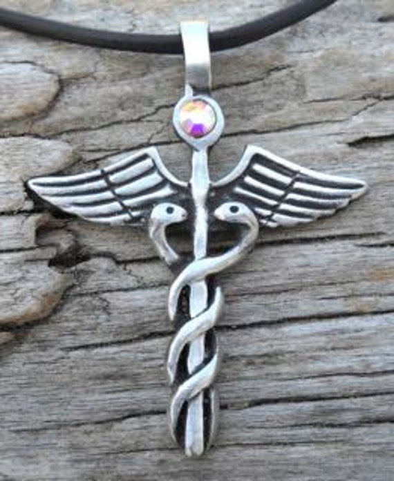 Pewter CADUCEUS Medical DR RN Nurse AMETHYST Crystal FEBRUARY Birthstone Pendant