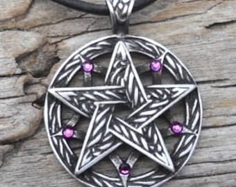 Pewter Double Pentagram Celtic Pagan Pentacle Pendant with Swarovski Crystal Purple Amethyst FEBRUARY Birthstone (56I)