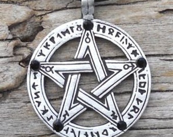 Pewter Pentagram Swarovski Black Onyx Crystal Pendant, Pagan Wiccan Gothic Pentacle with Runes (50G)