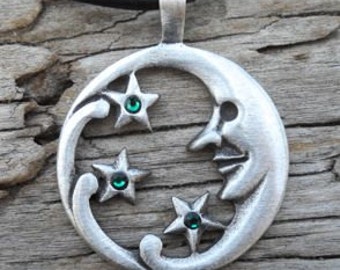 Pewter Moon Face and Stars Lunar Celestial Pagan Pendant with Swarovski Crystal Emerald Green MAY Birthstone (39E)