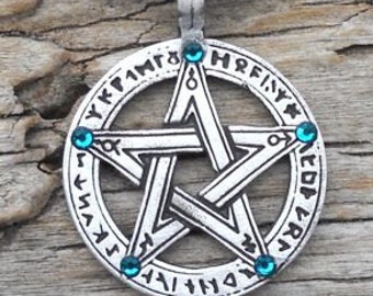 Pewter Pentagram Swarovski Crystal Pendant, Pagan Wiccan Pentacle with Runes and Blue Topaz DECEMBER Birthstone (50G)