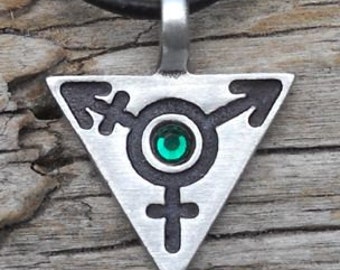 Pewter Transgender LGBT Gay Pride Triangle Pendant with Swarovski Crystal Emerald Green MAY Birthstone (306)