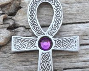 Pewter Ankh Egyptian Cross with Celtic Knots Pendant with Swarovski Crystal Purple Amethyst FEBRUARY Birthstone (31G)