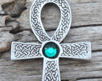 Pewter Ankh Egyptian Cross with Celtic Knots Pendant with Swarovski Crystal Emerald Green MAY Birthstone (31G)