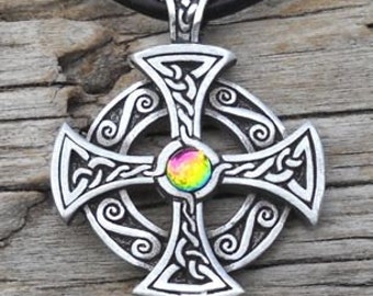 Pewter SOLAR CROSS Celtic Druid Irish RAINBOW Austrian Crystal Pendant