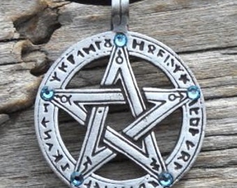 Pewter Pentagram Swarovski Crystal Pendant, Pagan Wiccan Pentacle with Runes and Aquamarine Blue MARCH Birthstone (50G)