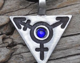 Pewter Transgender LGBT Gay Pride Triangle Pendant with Swarovski Crystal Blue Sapphire SEPTEMBER Birthstone (306)