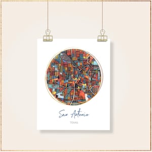 San Antonio TX - Affiche d'art en plusieurs tailles. Tirages d'art de plan de ville dessinés à la main | Décoration murale carte du Texas | Cadeau unique de pendaison de crémaillère