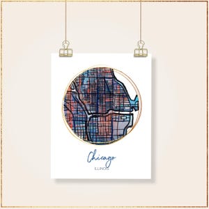 Chicago IL - Affiche d'art en plusieurs tailles. Tirages d'art de plan de ville dessinés à la main | Décoration murale carte de l'Illinois | Cadeau unique de pendaison de crémaillère