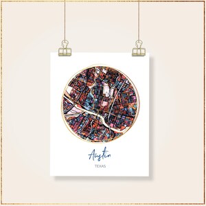 Austin TX - Affiche d'art. Impression d'art en plusieurs tailles. Carte d'Austin au Texas | Plan de la ville | Carte dessinée à la main | Cadeau de pendaison de crémaillère