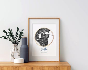 Seattle WA Map Art. Digital Download- Map Art | Seattle Art Print | Handdrawn Map Print | Printable Seattle Map Poster | Washington Map Art