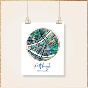 Pittsburgh PA - Affiche d'art en plusieurs tailles. Tirages d'art de plan de ville dessinés à la main | Décoration murale carte de la Pennsylvanie | Cadeau unique de pendaison de crémaillère