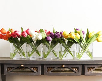 Real Touch Tulip Spring Floral Arrangement in Glass Rectangle Vase - Choose Your Color