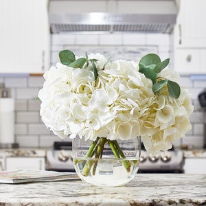 Large White Hydrangea & Eucalyptus Arrangement in Rounded Glass Vase image 2