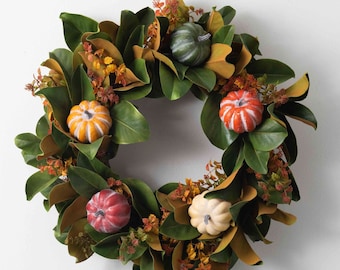 Magnolia Leaf & Mixed Autumn Pumpkin Front Door Fall Wreath