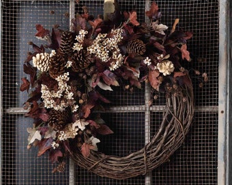 Pinecones In Paradise - Burgundy & Cream Fall Front Door Wreath