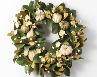 Classic Real Touch Magnolia Leaf with Mixed Pumpkin & Gourd Fall Front Door Wreath