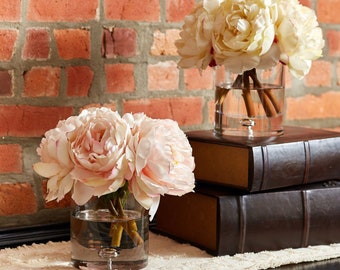 Blush Or Cream Real Touch Peony Floral Arrangement In Glass Etsy
