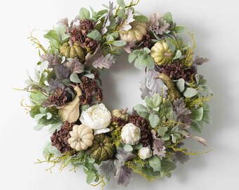 Autumn Oak Harvest -  White Dried Peony, Brown Cherry Blossom, Mixed Sage Pumpkin & Lambs Ear Front Door Fall Wreath